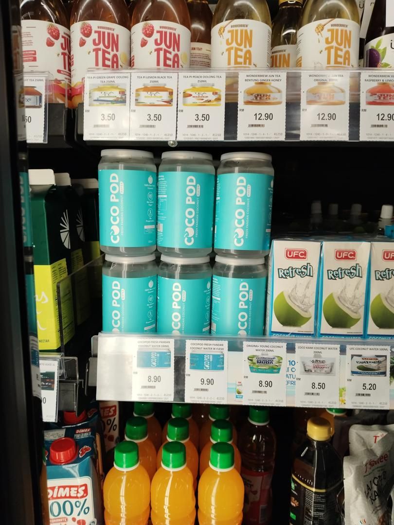 Cocopod on a chilled drinks shelf with other beverages